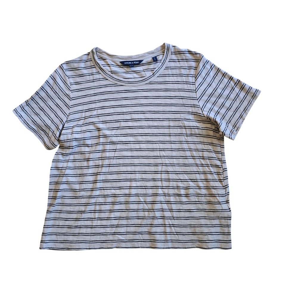 Veronica Beard Womens XL Beige Black Striped Short Sleeve Crewneck T-Shirt Peru - Picture 2 of 11